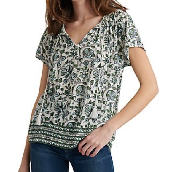 Lucky Brand NWT Border Print Smocked Top Green - Picture 2 of 8